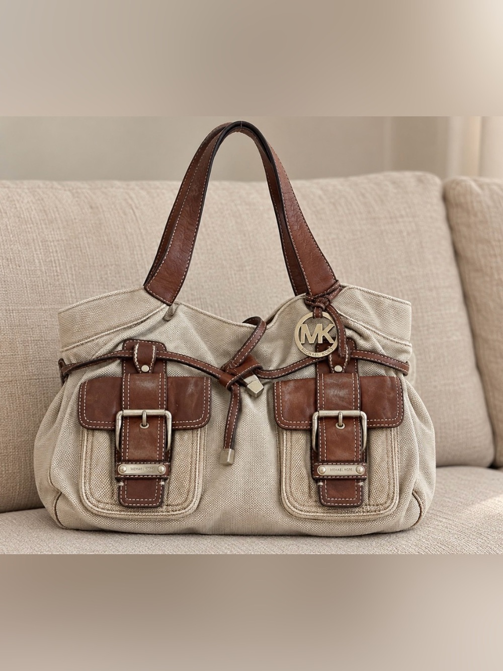 Michael Kors Beige Canvas Shoulder Bag with Brown Leather Trim